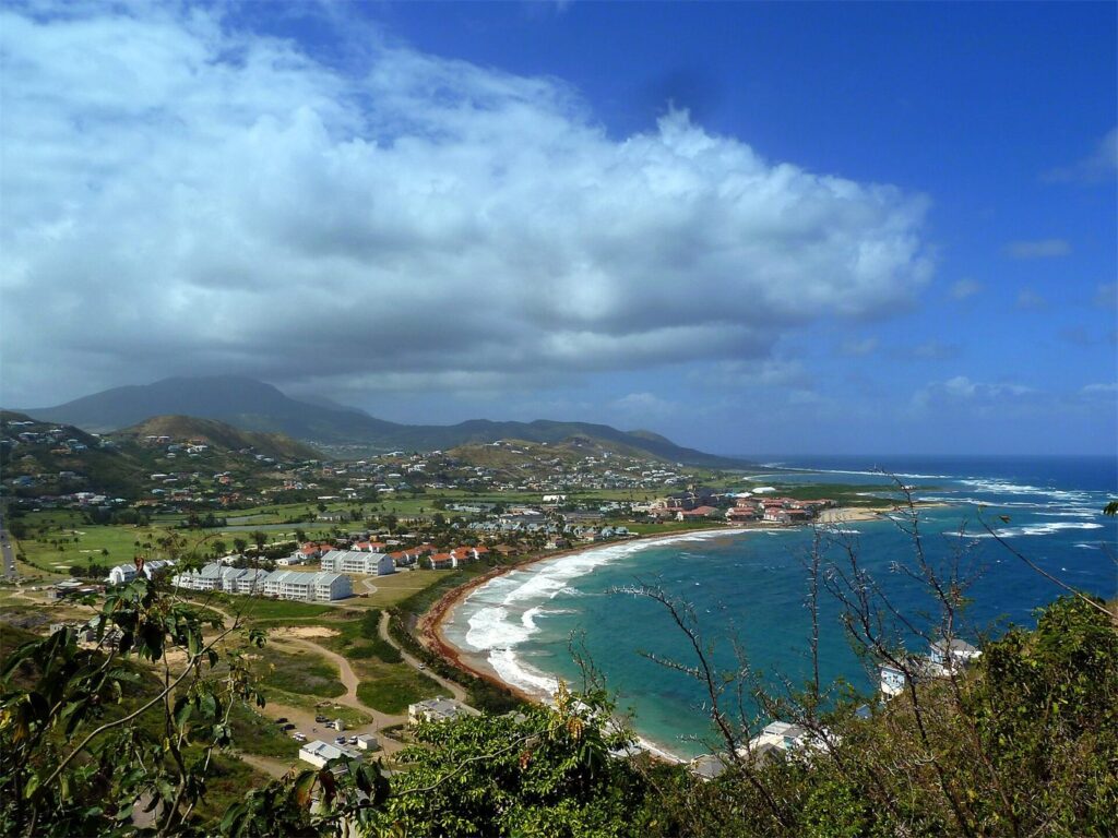 The two-ocean view from Timothy Hill looking over North Frigate Bay, St. Kitts